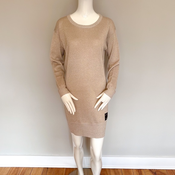 $140 AX Armani Exchange Gold Metallic Merino Blend Knit Mini Dress Long Sleeve M - Picture 8 of 15